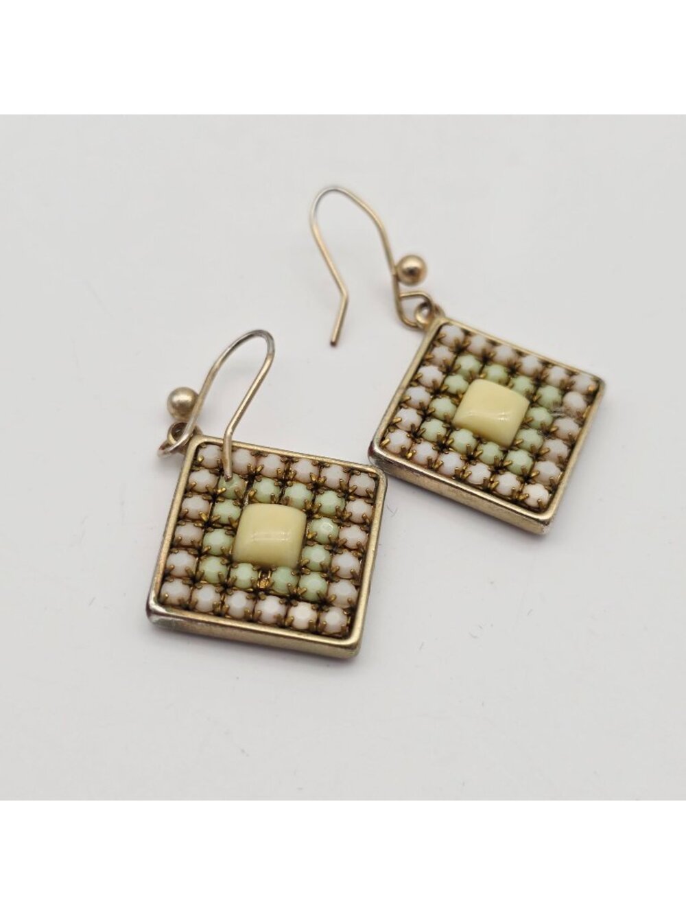 Chicos Gold-Tone Square Drop Earrings With Cream & Green Accents UV Reactive